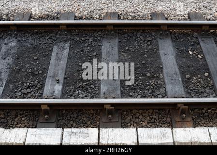Bahngleis parallel zum Bahnsteigrand mit Texturdetails. Stockfoto