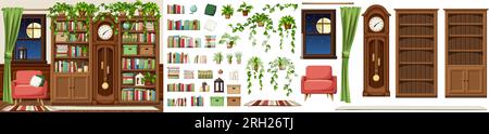 Wohnzimmereinrichtung im Vintage-Stil mit Bücherregalen, Großvater-Uhr, Sessel, Fenster und vielen Büchern und Zimmerpflanzen. Gemütliches altes Interieur d Stock Vektor