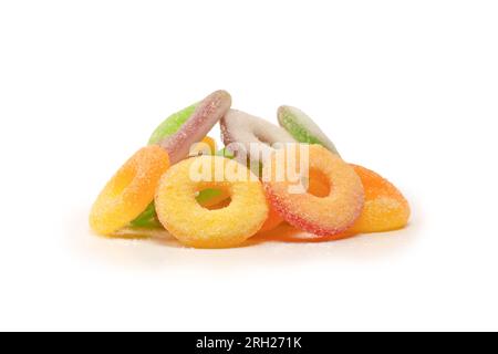 Verschiedene Gummibonbons isoliert auf weißem Hintergrund. Draufsicht. Süßigkeiten. Stockfoto