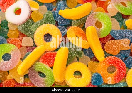 Verschiedene leckere Süßigkeiten. Draufsicht. Gelee-Süßigkeiten. Stockfoto