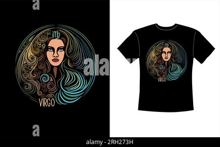 T-Shirt-Design mit Virgo Zodiac-Zeichen Vektorgrafik. Stock Vektor