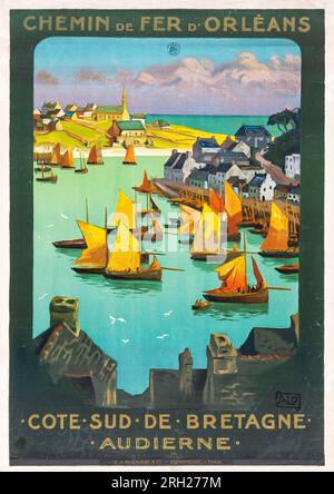 Brittany, Frankreich Travel Poster (G. de Malherbe & Co., 1920er) Chemin de Fer D'Orleans - Cote Sud de Bretagne Audierne, Segelschiffe Stockfoto