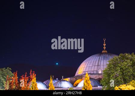 Erzurum-Lalapasa-Moschee und Nachtsicht. Konzeptbild für religiöse Anlässe. Textbereich kopieren. Stockfoto