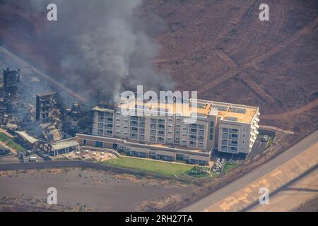 (230813) -- LOS ANGELES, 13. August 2023 (Xinhua) -- Dieses Foto, veröffentlicht vom County Maui am 10. August 2023, zeigt Häuser, die in einem verheerenden Waldbrand auf Maui Island, Hawaii, den Vereinigten Staaten zerstört wurden. (County Maui/Handout über Xinhua) Stockfoto