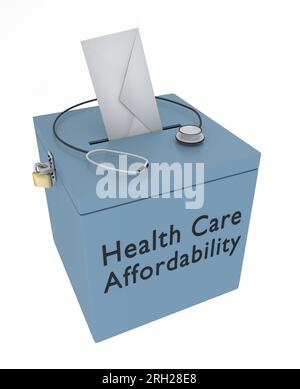 3D Abbildung einer goldenen Münze, die in eine Wahlurne mit dem Titel Health Care Enfordability eingebracht wurde. Stockfoto