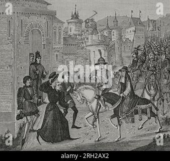 Kreuzzug gegen die Katharer (1209-1244). Eintritt in Avignon von König Ludwig VIII von Frankreich (1187-1226) und dem päpstlichen Legat, Kardinal Romanus von Sant'Angelo, am 12. September 1226. Die Stadt hatte gerade nach einer dreimonatigen Belagerung kapituliert. Gravur nach einer Miniatur in "Chroniques de Hainaut", 1446-1448. "Vie Militaire et Religieuse au Moyen Age et à l'Epoque de la Renaissance". Paris, 1877. Stockfoto