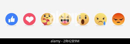 Social-Media-Reaktionen Emojis, Daumen hoch, Liebesherz, Hug-Emoji, Haha-Lachen, überraschte Emoji, trauriges Weinen, wütend, 3D Vektor-Emoticons. Stock Vektor