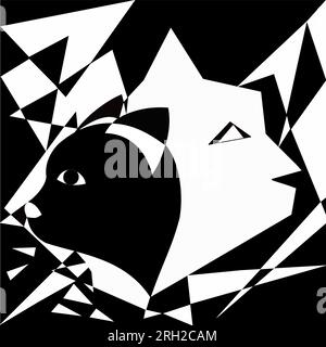 Schwarz-weiße Katzen auf dem Hintergrund schwarzer und weißer Dreiecke Stock Vektor