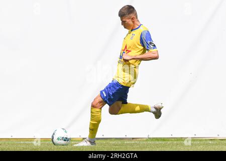 Genk, Belgien. 13. Aug. 2023. David Hrncar von Beveren in Aktion während eines Fußballspiels zwischen Jong Genk und SK Beveren, Sonntag, den 13. August 2023 in Genk, am 1/30. Tag der zweiten Division der belgischen Meisterschaft „Challenger Pro League“ 2023-2024. BELGA FOTO JILL DELSAUX Kredit: Belga News Agency/Alamy Live News Stockfoto