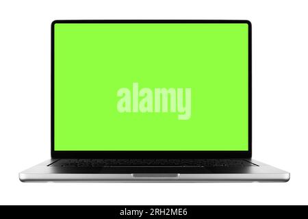 Leerer Bildschirm modernes Laptop-Modell mit grünem Bildschirm auf weißem Hintergrund öffnen Laptop-Designkonzepte und Themen, Verbinden, Daten Stockfoto