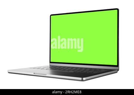 Leerer Bildschirm Öffnen Sie ein modernes Laptop-Modell zu drei Vierteln mit einem grünen Bildschirm auf weißem Hintergrund Stockfoto