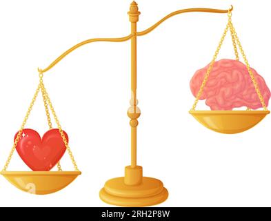 Der Intellekt überwiegt das Herz auf der Waage. Brain Heart Balance Illustration Concept. Symbol für schwer zu treffende Auswahl. Stock Vektor