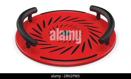 Rundes rotes Tablett mit schwarzem Muster in der Mitte. Schwarzer Griff für Halt. Isoliert auf weißem Hintergrund. Design von Konsumgütern 3D-Rendering Stockfoto