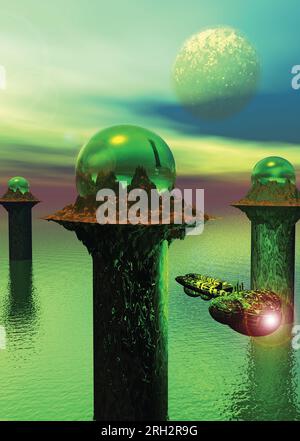 Türme mit Glaskugeln oben, ein Raumschiff nähert sich Stockfoto