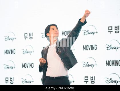 Zo in-Sung, 3. August 2023 : Südkoreanischer Schauspieler Zo in-Sung nimmt an einer Pressekonferenz für die Disney-Serie "Moving" in Seoul, Südkorea Teil. Die Sci-Fi-Actionserie „Moving“ zeigt eine Gruppe von Superkräften, die ihre wahren Fähigkeiten vor der Welt verstecken, um ihre Familien vor Gefahren zu schützen. Die 20-Episoden-Serie basiert auf einem Hit-Webtoon von Kang Full. Kredit: Lee Jae-Won/AFLO/Alamy Live News Stockfoto