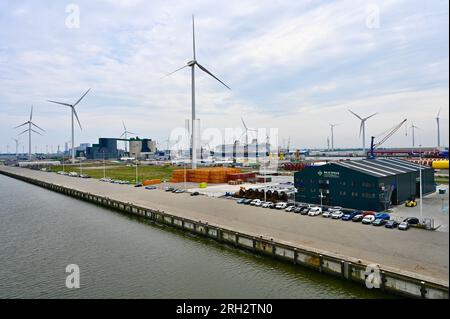Blick von MS Romantica. Das Kreuzfahrtschiff Disney Wish, das in Eemshaven vertäut ist, wird dort auslaufen. Viele Windturbinen. Stockfoto