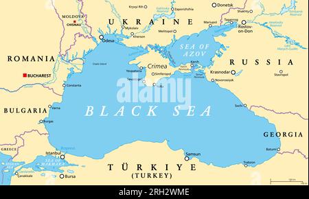 Schwarzmeerregion, politische Karte. Zwischen Europa und Asien gelegen, mit Krim, Asowschen Meer, Marmarameer, Bosporus, Dardanelles und Kerch Strait. Stockfoto