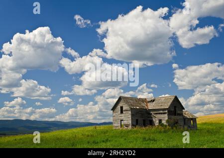 Altes und lange verlassenes Bauernhaus und Wolken an einem Sommernachmittag. In der Nähe von Kalispell, Flathead County, Montana, USA. Stockfoto