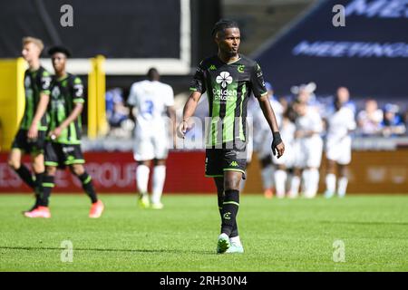 Brügge, Belgien. 13. Aug. 2023. Cercle's Yann Gboho sieht deprimiert aus während eines Fußballspiels zwischen Cercle Brügge und KRC Genk, Sonntag, den 13. August 2023 in Brügge, am 3/30. Tag der ersten Liga der „Jupiler Pro League“ 2023-2024 der belgischen Meisterschaft. BELGA FOTO TOM GOYVAERTS Kredit: Belga News Agency/Alamy Live News Stockfoto