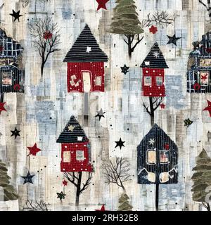 Rustikales landhaus mit primitivem Handnähstoff-Effekt. Gemütliches nostalgisches, schäbiges, hausgemachtes amerikanisches Kunsthandwerk im Winter Stockfoto