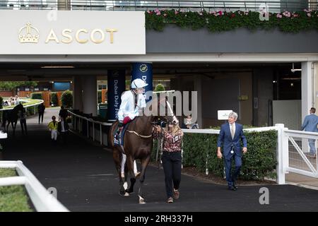 Ascot, Berkshire, Großbritannien. 12. August 2023. Horse Dream Composer, geritten von Jockey Frankie Dettori, geht auf die Rennstrecke, um beim Dubai Duty Free Shergar Cup Dash auf der Rennbahn Ascot ein Rennen zu fahren. Kredit: Maureen McLean/Alamy Live News Stockfoto