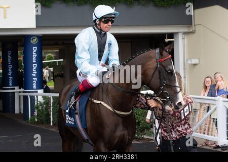 Ascot, Berkshire, Großbritannien. 12. August 2023. Horse Dream Composer, geritten von Jockey Frankie Dettori, geht auf die Rennstrecke, um beim Dubai Duty Free Shergar Cup Dash auf der Rennbahn Ascot ein Rennen zu fahren. Kredit: Maureen McLean/Alamy Live News Stockfoto