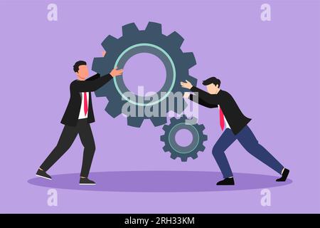 Flache grafische Zeichnung von zwei Geschäftsleuten hilft einander beim Schieben des großen Zahnrads. Eine Gruppe von Leuten schiebt Ausrüstung, ein Team von Business-Tech hält Ausrüstung zusammen Stockfoto