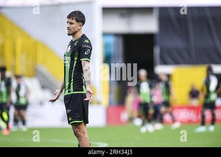 Brügge, Belgien. 13. Aug. 2023. Cercle's Boris Popovic sieht deprimiert aus nach einem Fußballspiel zwischen Cercle Brügge und KRC Genk, Sonntag, den 13. August 2023 in Brügge, am 3/30. Tag der ersten Division der belgischen Meisterschaft „Jupiler Pro League“ von 2023-2024. BELGA FOTO TOM GOYVAERTS Kredit: Belga News Agency/Alamy Live News Stockfoto