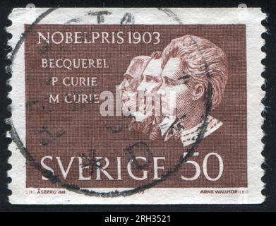 SCHWEDEN - CIRCA 1963: Von Schweden gedruckter Stempel zeigt Antoine Henri Becquerel, Pierre und Marie Curie, circa 1963 Stockfoto