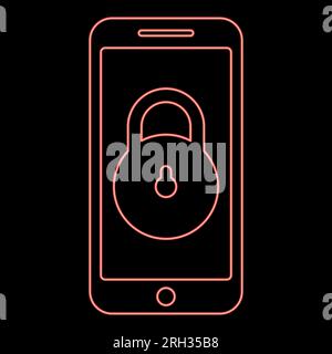 Neon Smartphone-Schloss Persönliche Datensicherheit Cyber-Zugriffskonzept Telefon-verriegelt Mobiltelefon-Vorhängeschloss rote Vektordarstellung flaches Bild Stock Vektor