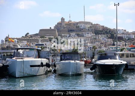 Eivissa, Spanien. 13. Aug. 2023. Yachten liegen im Hafen von Ibiza vor. Kredit: Clara Margais/dpa/Alamy Live News Stockfoto