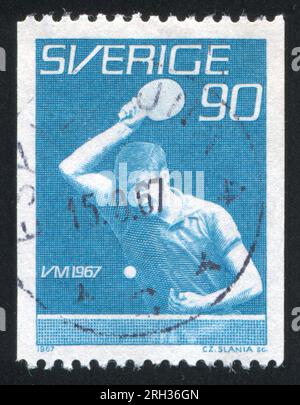 SCHWEDEN - CIRCA 1967: Von Schweden gedruckter Stempel, zeigt Tischtennis, circa 1967 Stockfoto