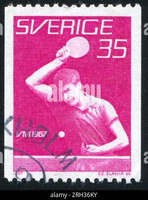 SCHWEDEN - CIRCA 1967: Von Schweden gedruckter Stempel, zeigt Tischtennis, circa 1967 Stockfoto