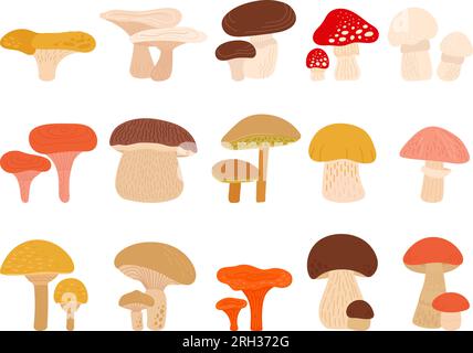 Cartoon-Waldpilze. Kehlkopfpilz, Pfifferling, Boletus und Pilz. Herbst abstrakte Waldpflanzen anständige Vektorkulisse Stock Vektor