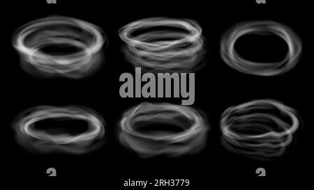 Realistische Rauchdampfkreise, Vapperringe. Abgerundete Wolken, isolierte Zigaretten oder Wasserpfeifen rauchen Wolken. Abstrakte Vektorelemente, die sich vernebeln Stock Vektor