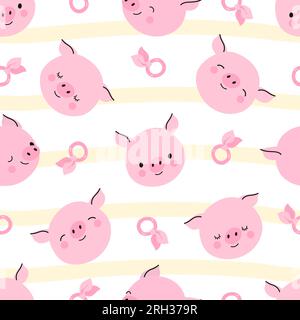 Schwein Nahtloses Muster. Ferkel Gesichter Tapete, süße Schweine Avatare. Cartoon-Design mit Babymotiv, lustige rosa Schnauze. Heutzutage sind Vektordekorative Stock Vektor