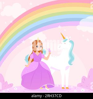 Kleine Prinzessin, süßes Mädchen im Kleid mit magischem Einhorn. Cartoon-Schönheit, Märchenhintergrund, Baby-Grafik-Kunst. Fantasy-Welt, kuschelige Vektorszene Stock Vektor