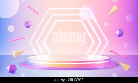 Leerer Hintergrund für Podium 3D. Farbenfroher Standfuß für die Promo-Show. Geometrische Neon-Vektorszene mit dynamischer, realistischer Pithy-Vektorszene Stock Vektor