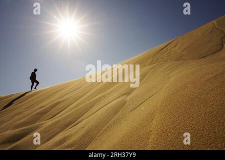 Ein Mann läuft auf goldenem Sand unter der schönen Sonne Stockfoto