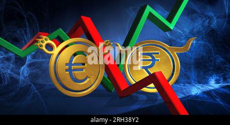 Die inr soll die euro-Währung tragen. Devisenmarkt 3D Darstellung der indischen Rupie auf den europäischen Euro. Geld wird als goldene Münzen dargestellt Stockfoto