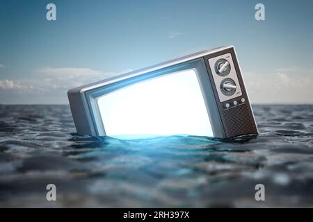 TV-Gerät schwimmt im Wasser. Krisenbegriff des Fernsehens. 3D Abbildung Stockfoto