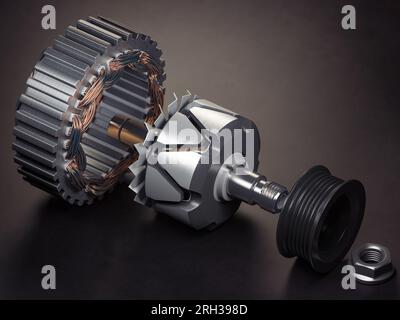 Rotor und Stator des Generators oder Elektromotors eines Fahrzeugs auf schwarzem Hintergrund. 3D Abbildung Stockfoto