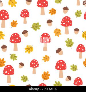 Nahtloses Herbstmuster. Süßer Hintergrund mit Pilzen, Eicheln und Herbstblättern. Vektordarstellung. Stock Vektor