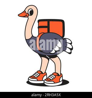 Cartoon-Strauß trägt Turnschuhe und einen Lieferrucksack. Komische Maskottchen-Charakterzeichnung. Vektordarstellung. Stock Vektor