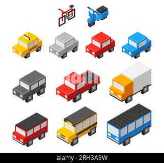 Set aus niedlichen 3D isometrischen Cartoon-Autos: Personenkraftwagen, öffentliche und kommerzielle Verkehrsmittel. Einfaches kubisches Design, Vektordarstellung. Stock Vektor