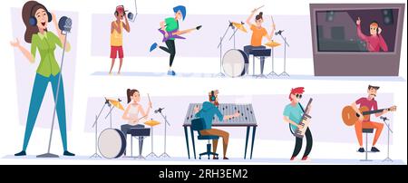 Tonstudio. Musikproduktionsraum mit Sängern, exakte Vektordarstellung im Cartoon-Stil Stock Vektor