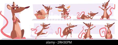 Laborratte. Zeichentrickmaus in verschiedenen Posen lustige Emotionen exakte Vektordarstellung Vorlage Stock Vektor