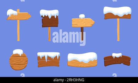 Holzschilder und Schneekappen. Winterliche Holzpfeile, Banner und Symbole unter Schnee. Dekorative Dorfelemente, isoliertes Vektorset Stock Vektor