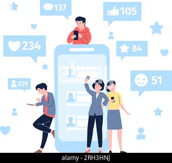Likes, Kommentare und Geständnisse bei Social-Media-sucht. Bewertung und Kommentar, Leute, die Selfie machen und Bewertungen im Internet schreiben, jüngste Vektorszene Stock Vektor