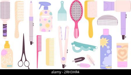 Cartoon Friseurwerkzeuge, Kosmetik und Ausrüstung. Barbershop-Werkzeug, Bürsten, Scheren und Haartrockner. Professioneller Salon-Reizvektor-Clipart Stock Vektor